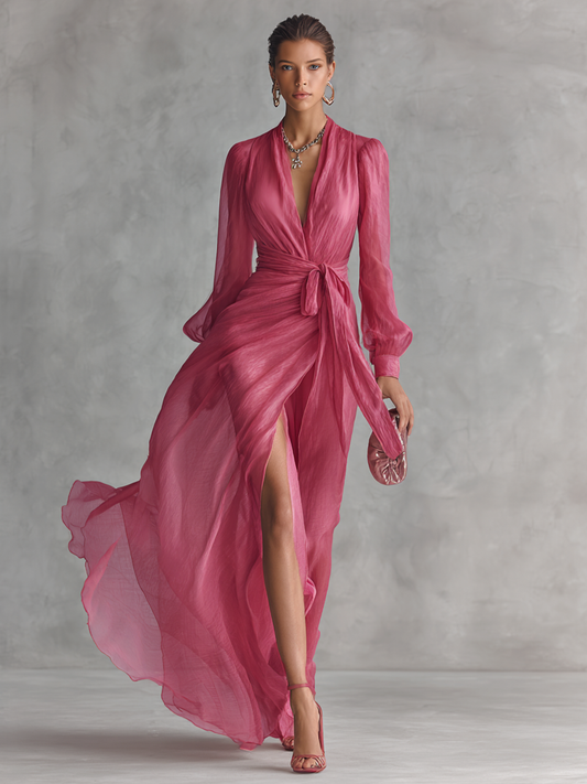 Vestido de gasa rosa con cuello en V