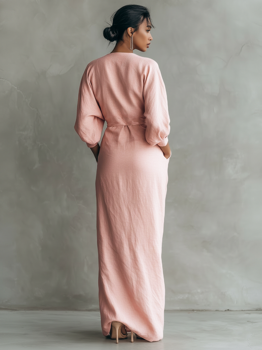 Vestido largo de lino rosa con cuello en V