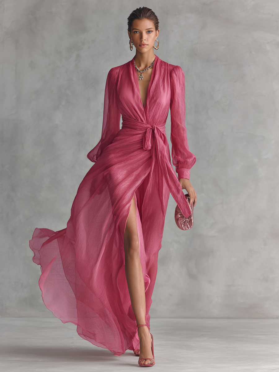 Vestido de gasa rosa con cuello en V