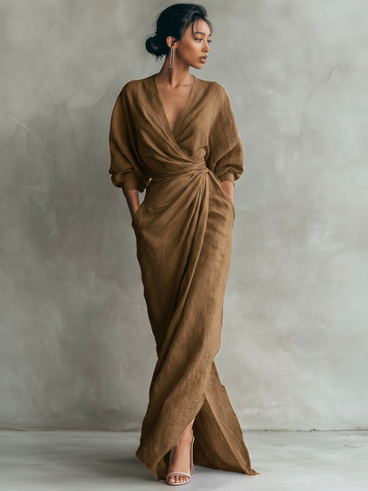 Vestido largo de lino rosa con cuello en V