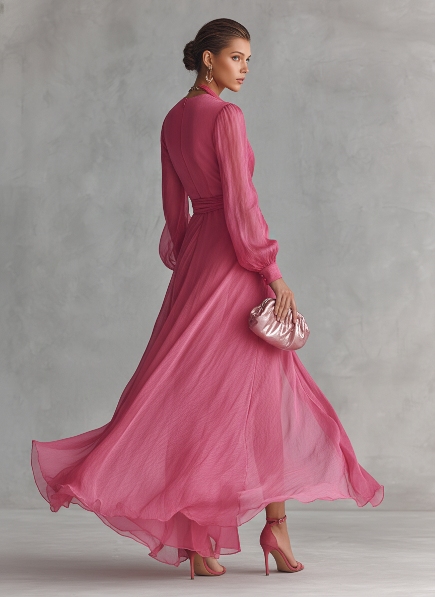 Vestido de gasa rosa con cuello en V