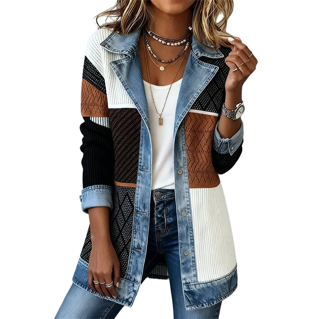 ¡50 % DE DESCUENTO! ⭐ Elegante abrigo de mujer de denim con inserción de punto acanalado