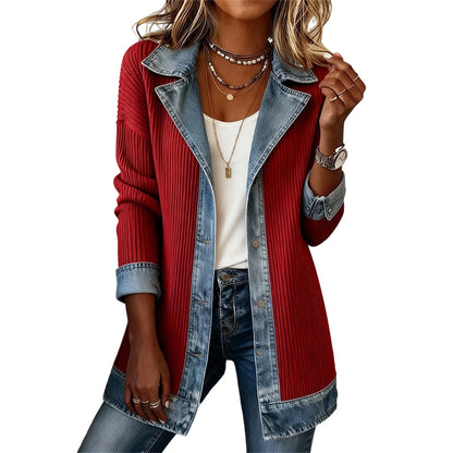 ¡50 % DE DESCUENTO! ⭐ Elegante abrigo de mujer de denim con inserción de punto acanalado